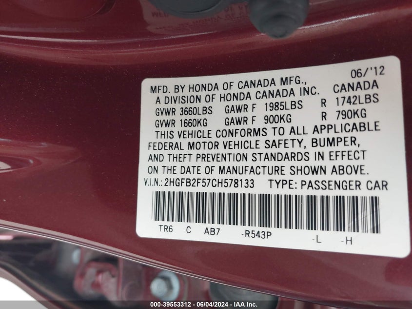 2012 Honda Civic Lx VIN: 2HGFB2F57CH578133 Lot: 39553312