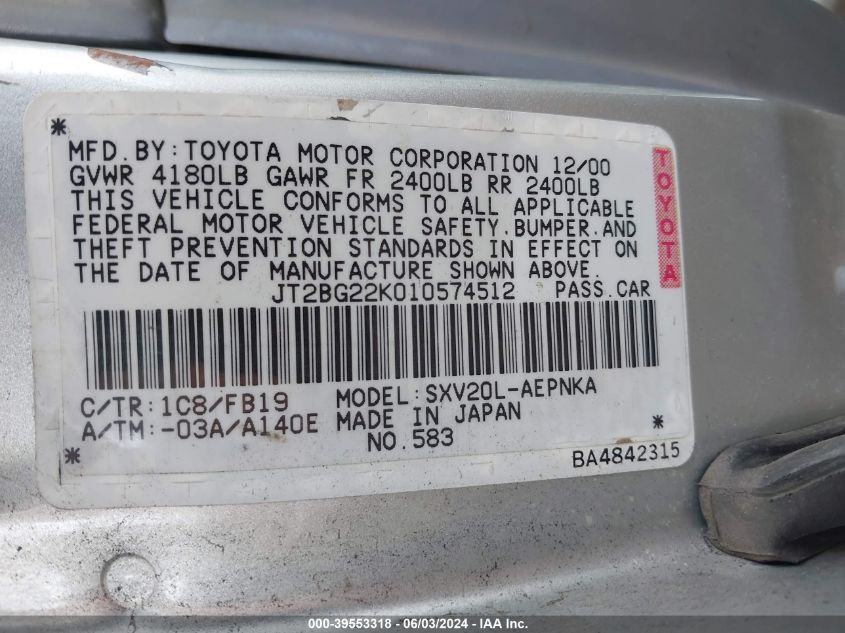 JT2BG22K010574510 2001 Toyota Camry Le