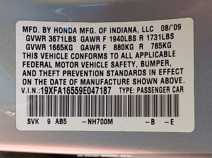 2009 Honda Civic Lx VIN: 19XFA16559E047187 Lot: 39553322