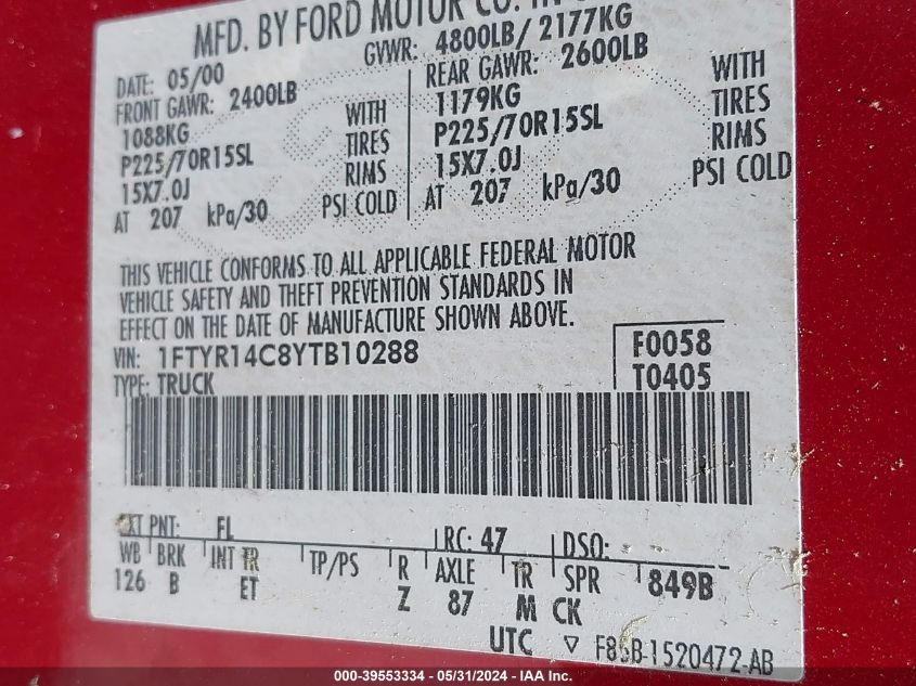 2000 Ford Ranger Xl/Xlt VIN: 1FTYR14C8YTB10288 Lot: 39553334
