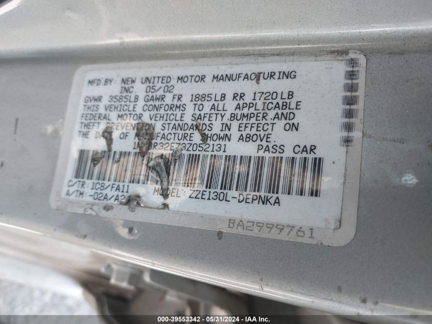 2003 Toyota Corolla Le VIN: 1NXBR32E73Z052131 Lot: 39553342