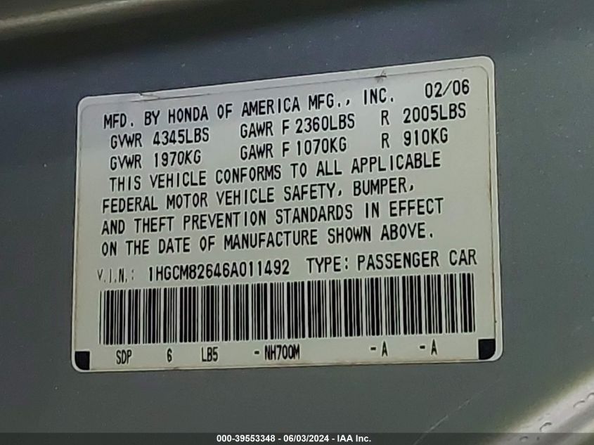 2006 Honda Accord 3.0 Ex VIN: 1HGCM82646A011492 Lot: 39553348