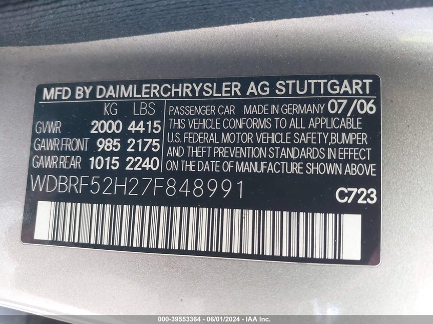 2007 Mercedes-Benz C 230 Sport VIN: WDBRF52H27F848991 Lot: 39553364