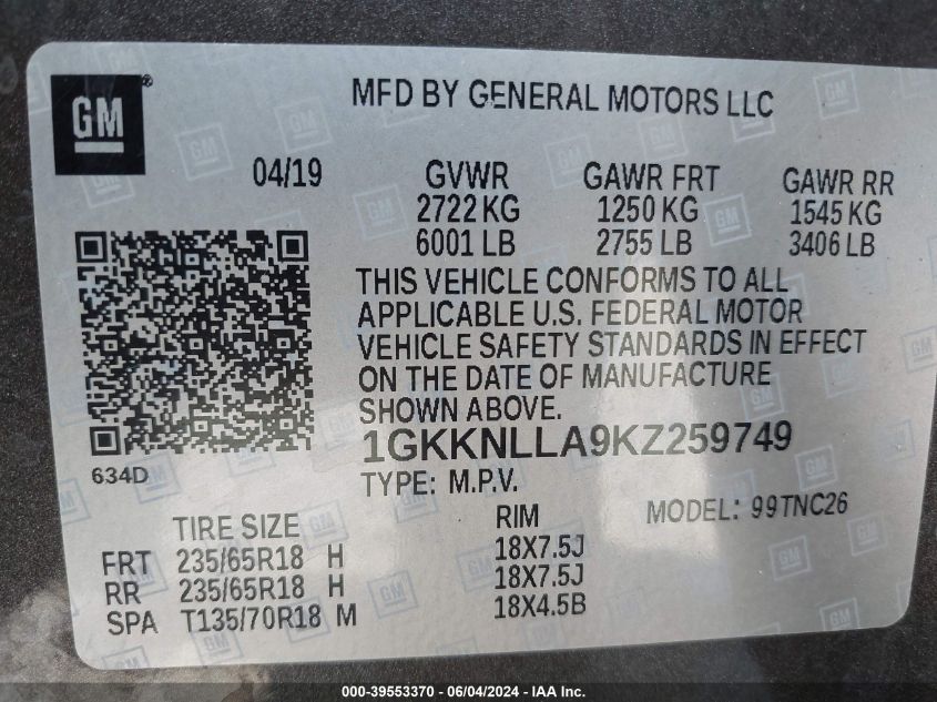 2019 GMC Acadia Sle-2 VIN: 1GKKNLLA9KZ259749 Lot: 39553370