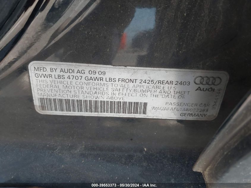 2010 Audi A4 2.0T Premium VIN: WAUAFAFL1AN022293 Lot: 39553373