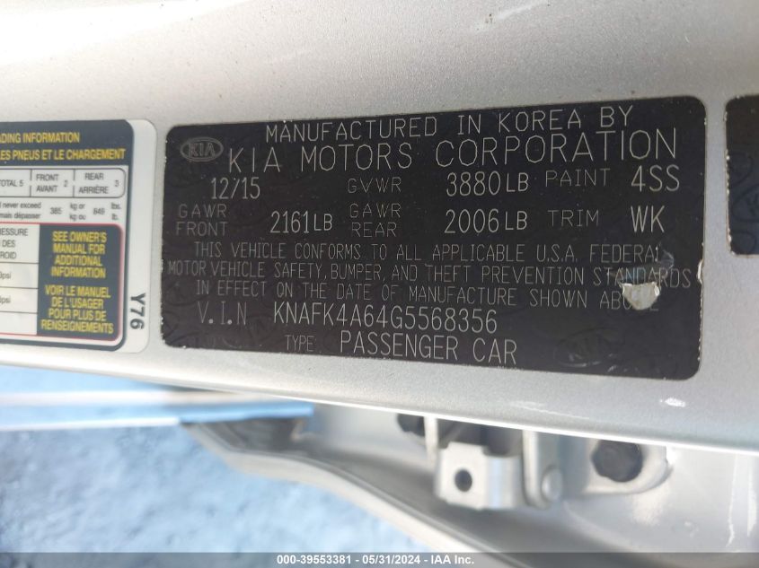 2016 Kia Forte Lx VIN: KNAFK4A64G5568356 Lot: 39553381