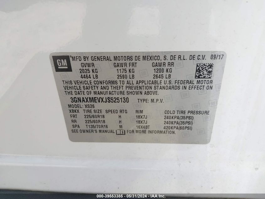 2018 Chevrolet Equinox Premier VIN: 3GNAXMEVXJS525130 Lot: 39553385