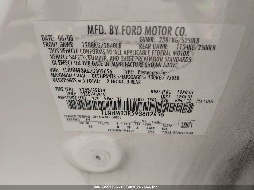 2009 Lincoln Mks VIN: 1LNHM93R59G602656 Lot: 39553396