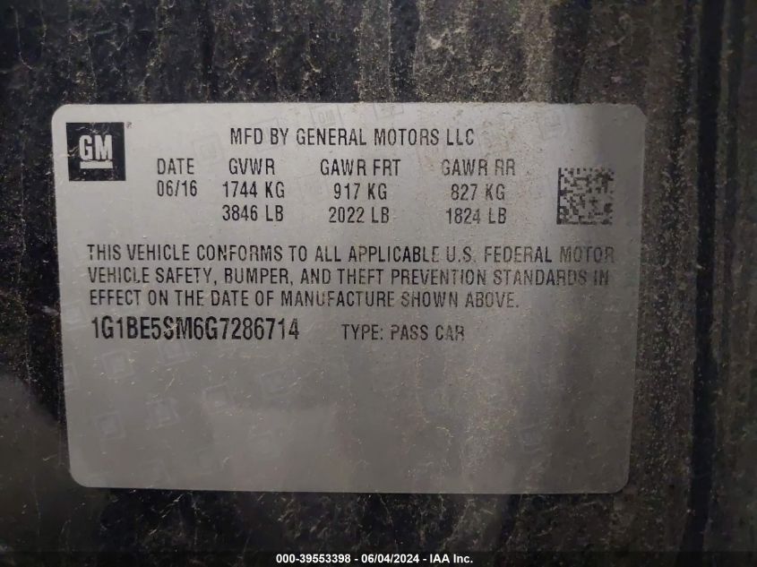 2016 Chevrolet Cruze Lt Auto VIN: 1G1BE5SM6G7286714 Lot: 39553398