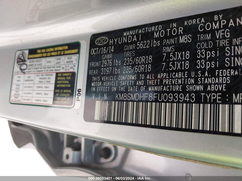 2015 Hyundai Santa Fe Gls VIN: KM8SMDHF8FU093943 Lot: 39553401