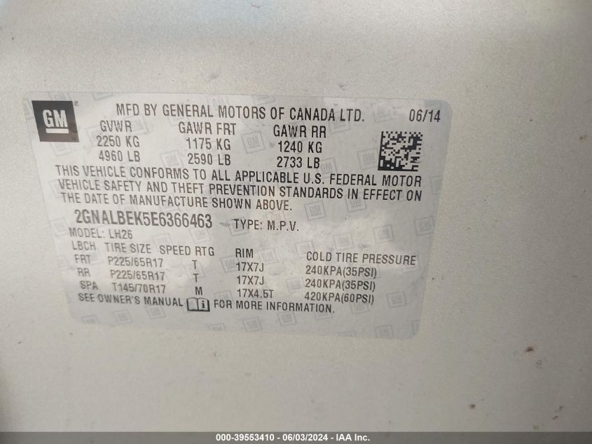 2014 Chevrolet Equinox 1Lt VIN: 2GNALBEK5E6366463 Lot: 39553410