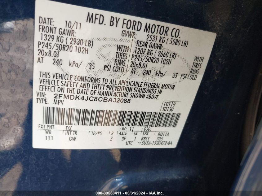 2012 Ford Edge Sel VIN: 2FMDK4JC8CBA32088 Lot: 39553411