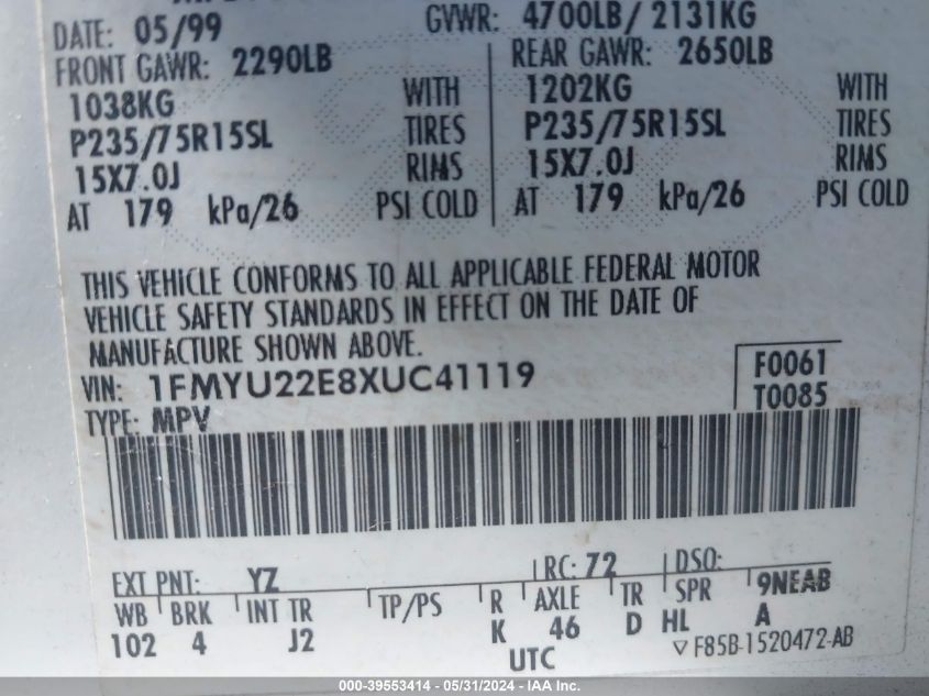 1999 Ford Explorer Sport VIN: 1FMYU22E8XUC41119 Lot: 39553414