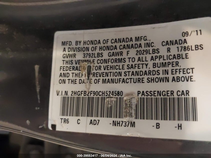 2012 Honda Civic Ex-L VIN: 2HGFB2F90CH524580 Lot: 39553417