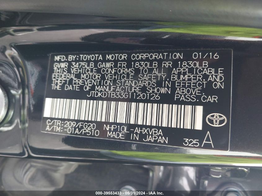 2016 Toyota Prius C Two VIN: JTDKDTB33G1120126 Lot: 39553433