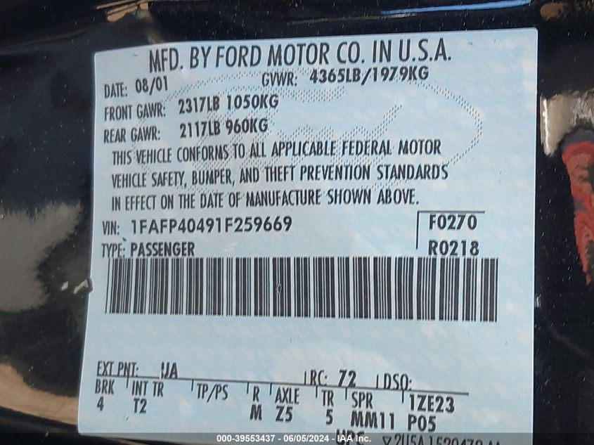 2001 Ford Mustang VIN: 1FAFP40491F259669 Lot: 39553437