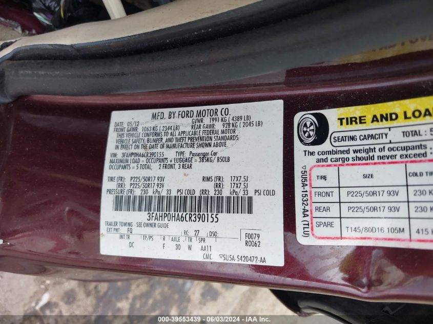 2012 Ford Fusion Se VIN: 3FAHP0HA6CR390155 Lot: 39553439