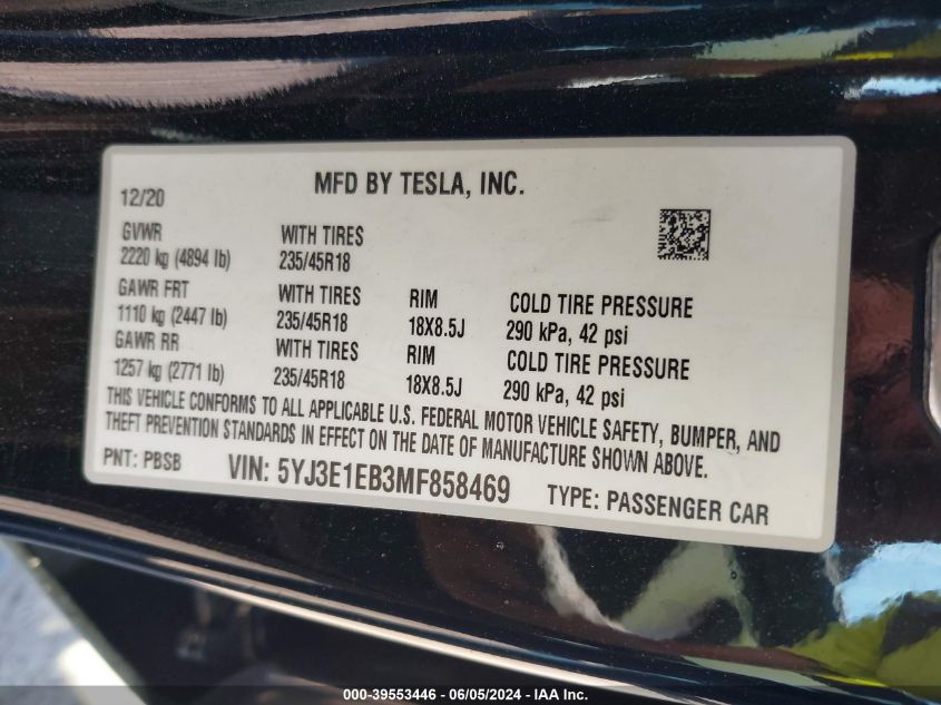 2021 Tesla Model 3 Long Range Dual Motor All-Wheel Drive VIN: 5YJ3E1EB3MF858469 Lot: 39553446