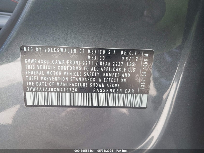 2012 Volkswagen Jetta Gli Autobahn VIN: 3VW4A7AJ6CM419726 Lot: 39553461