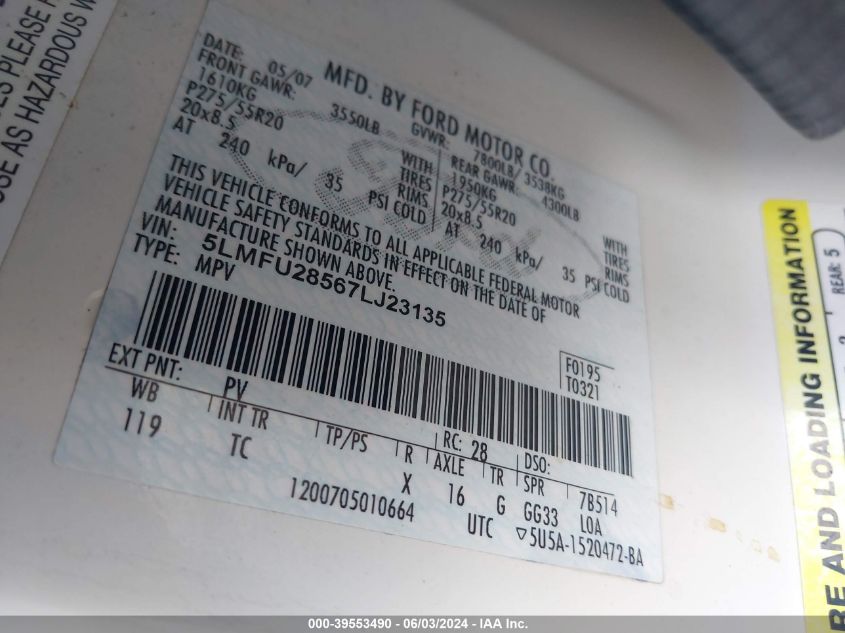 2007 Lincoln Navigator Ultimate VIN: 5LMFU28567LJ23135 Lot: 39553490