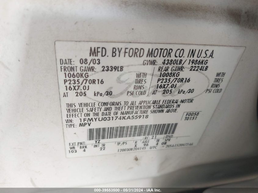 2004 Ford Escape Xlt VIN: 1FMYU03174KA55918 Lot: 39553500