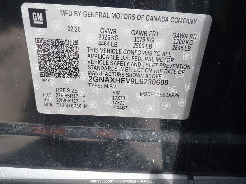 2020 Chevrolet Equinox Fwd Ls VIN: 2GNAXHEV9L6230609 Lot: 39553501