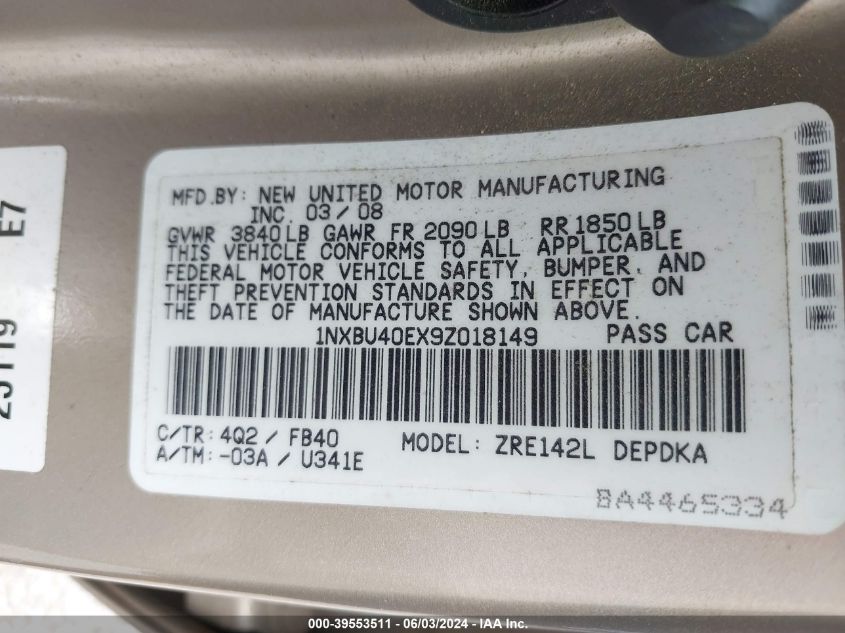 2009 Toyota Corolla Le VIN: 1NXBU40EX9Z018149 Lot: 39553511