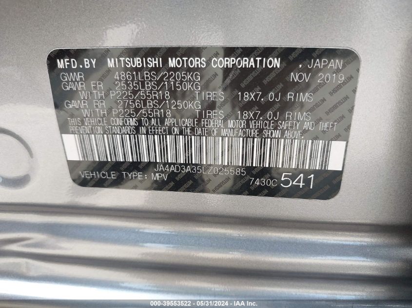 2020 Mitsubishi Outlander Se 2.4 VIN: JA4AD3A35LZ025585 Lot: 39553522