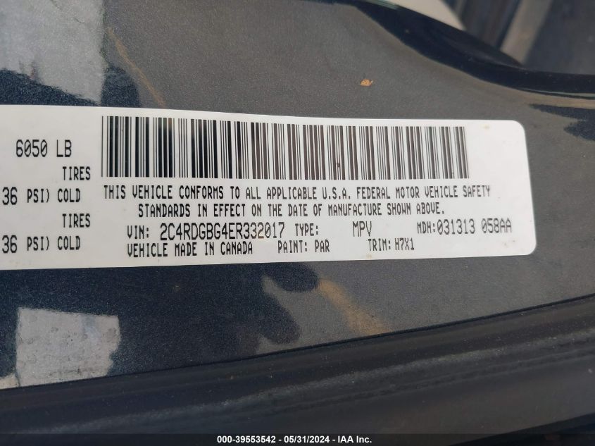 2014 Dodge Grand Caravan Se VIN: 2C4RDGBG4ER332017 Lot: 39553542