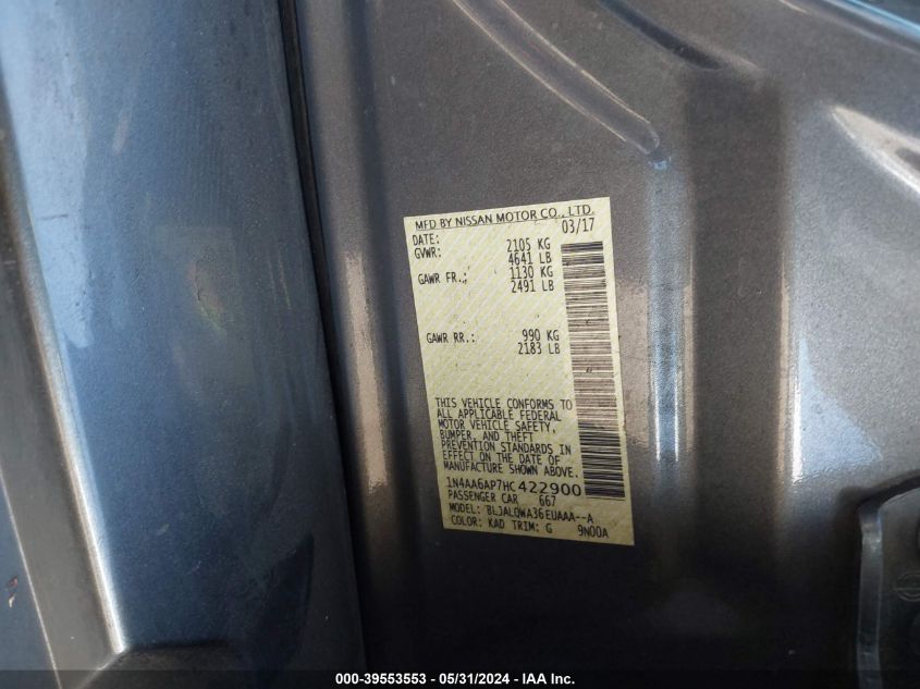2017 Nissan Maxima 3.5S/Sv/Sl/Sr/Plat VIN: 1N4AA6AP7HC422900 Lot: 39553553