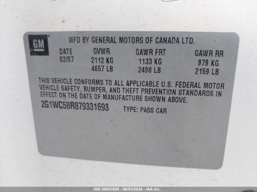 2007 Chevrolet Impala Lt VIN: 2G1WC58R879331693 Lot: 39553559