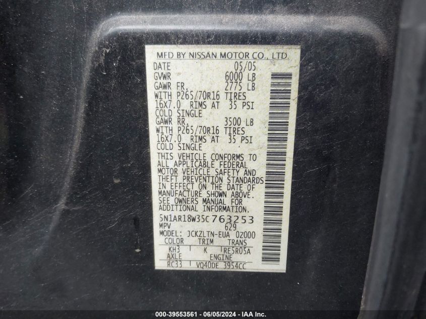 2005 Nissan Pathfinder Se VIN: 5N1AR18W35C763253 Lot: 39553561