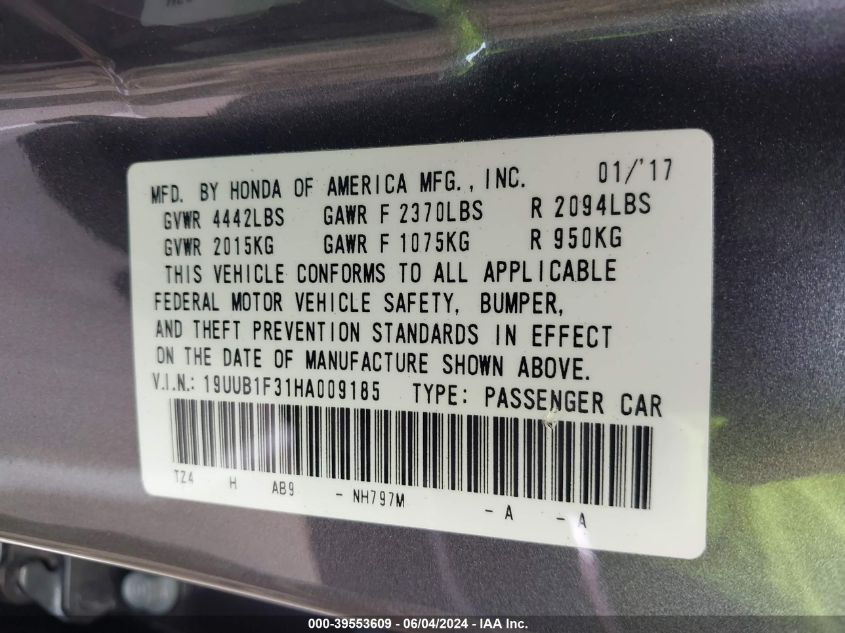 2017 Acura Tlx VIN: 19UUB1F31HA009185 Lot: 39553609