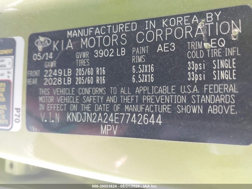 2014 Kia Soul VIN: KNDJN2A24E7742644 Lot: 39553624