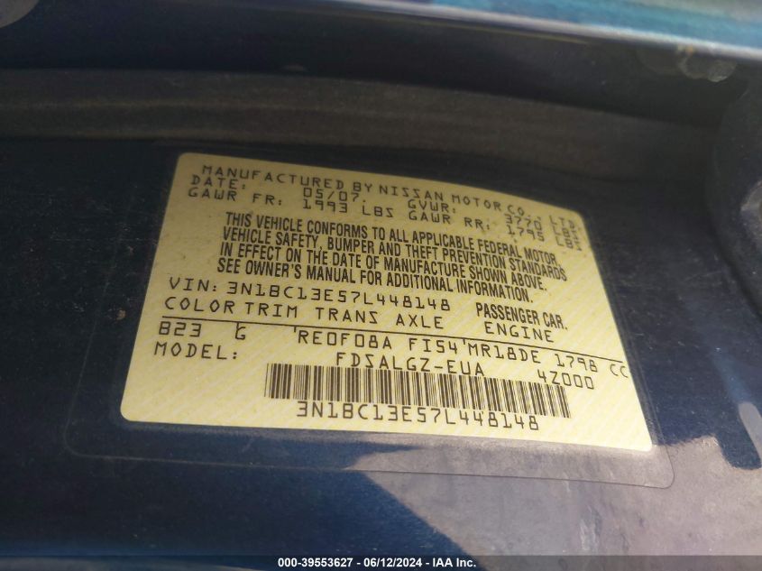 2007 Nissan Versa 1.8Sl VIN: 3N1BC13E57L448148 Lot: 39553627