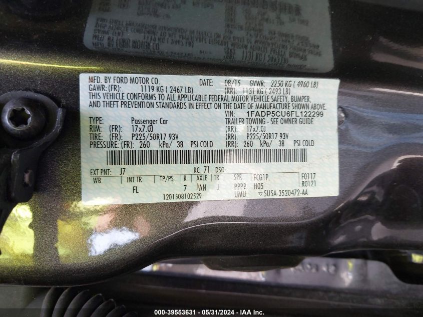 2015 Ford C-Max Energi Sel VIN: 1FADP5CU6FL122299 Lot: 39553631