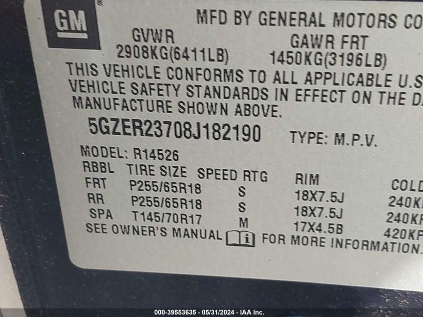 2008 Saturn Outlook Xr VIN: 5GZER23708J182190 Lot: 39553635