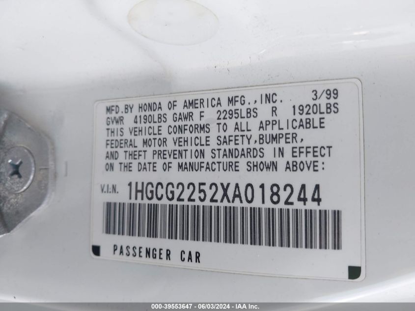 1999 Honda Accord Ex V6 VIN: 1HGCG2252XA018244 Lot: 39553647