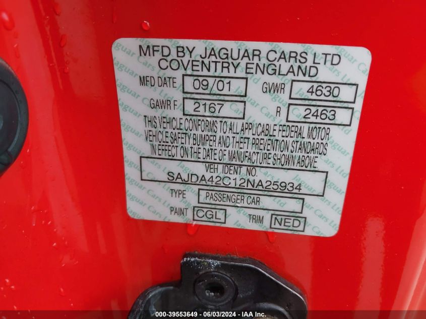 2002 Jaguar Xk8 VIN: SAJDA42C12NA25934 Lot: 39553649