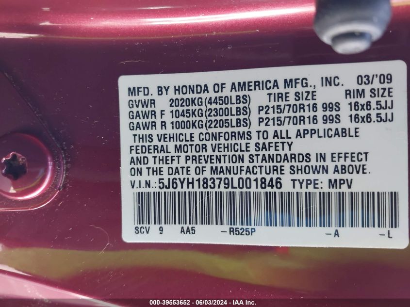 2009 Honda Element Lx VIN: 5J6YH18379L001846 Lot: 39553652
