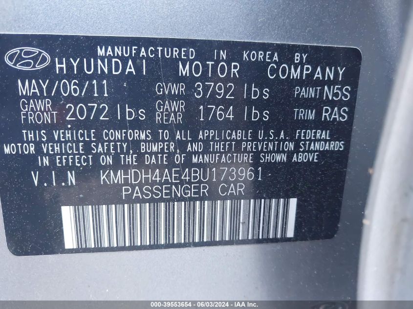 KMHDH4AE4BU173961 2011 Hyundai Elantra Gls (Ulsan Plant)