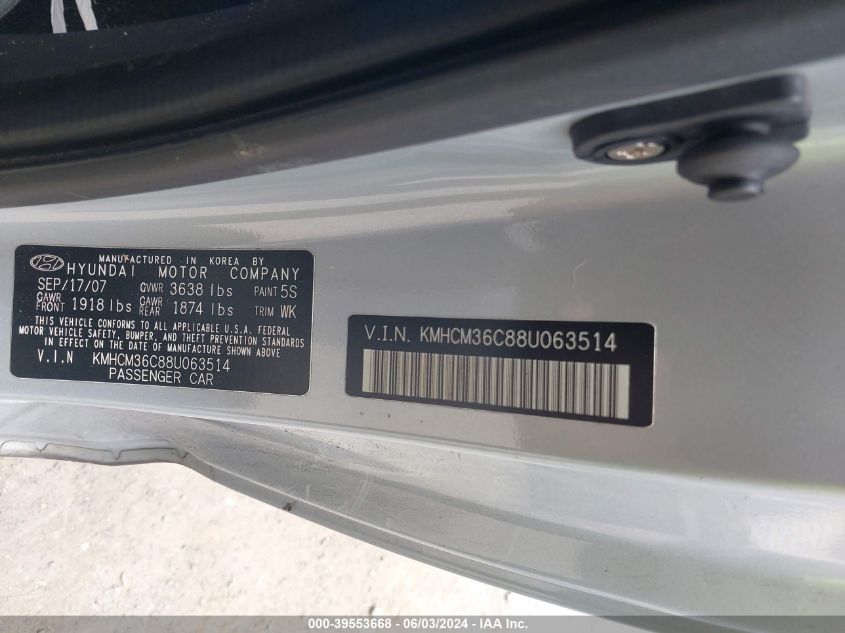 2008 Hyundai Accent Gs VIN: KMHCM36C88U063514 Lot: 39553668