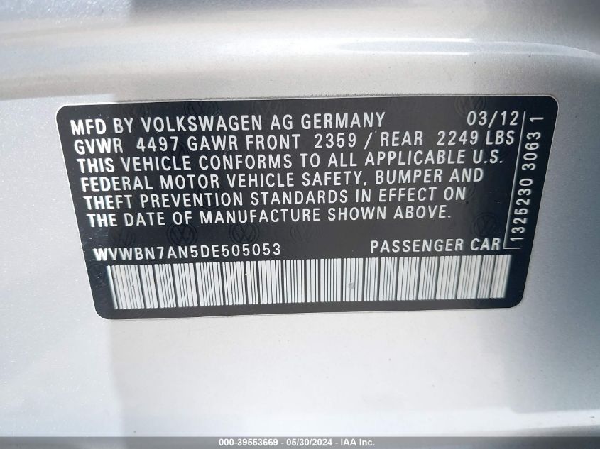 2013 Volkswagen Cc 2.0T Sport Plus VIN: WVWBN7AN5DE505053 Lot: 39553669