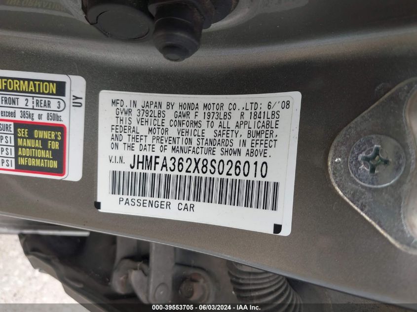 2008 Honda Civic Hybrid VIN: JHMFA362X8S026010 Lot: 39553705