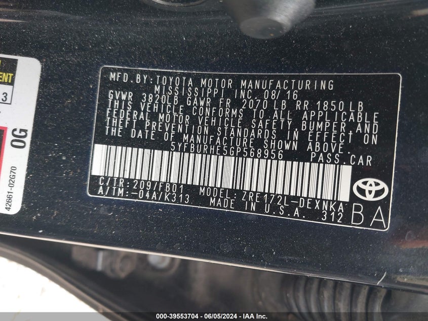 2016 Toyota Corolla Le VIN: 5YFBURHE5GP568956 Lot: 39553704