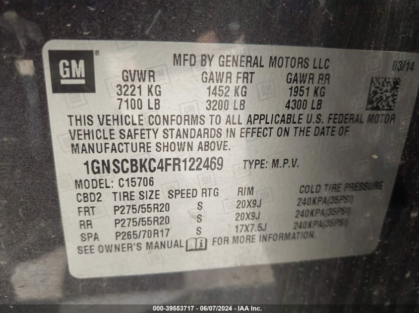 2015 Chevrolet Tahoe Lt VIN: 1GNSCBKC4FR122469 Lot: 39553717