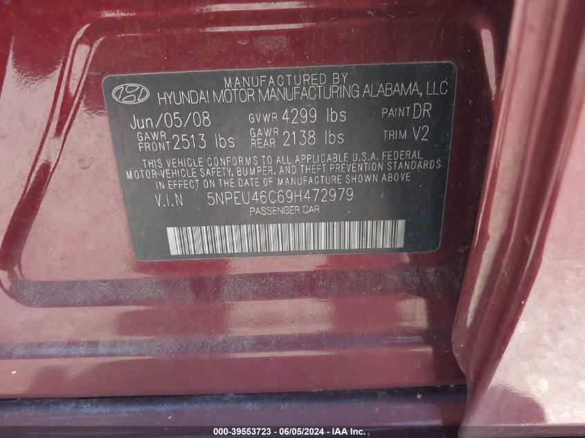 5NPEU46C69H472979 2009 Hyundai Sonata Limited