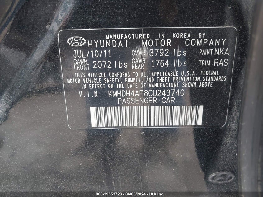 2012 Hyundai Elantra Limited (Ulsan Plant) VIN: KMHDH4AE8CU243740 Lot: 39553728