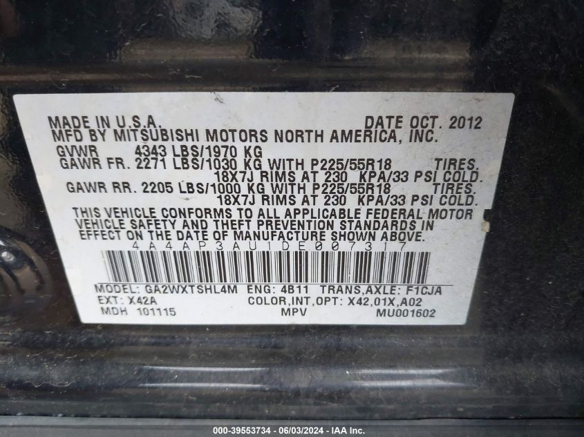 2013 Mitsubishi Outlander Sport Es VIN: 4A4AP3AU1DE007317 Lot: 39553734