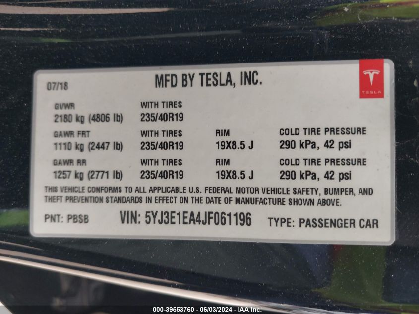 2018 Tesla Model 3 Long Range/Mid Range VIN: 5YJ3E1EA4JF061196 Lot: 39553760